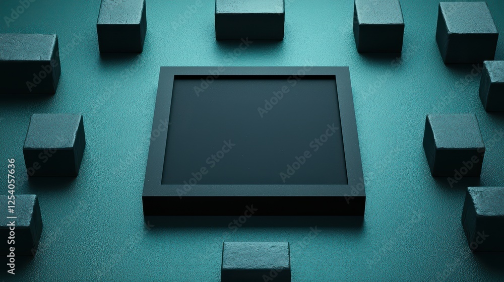 Poster abstract composition of a centered display surrounded by blocks