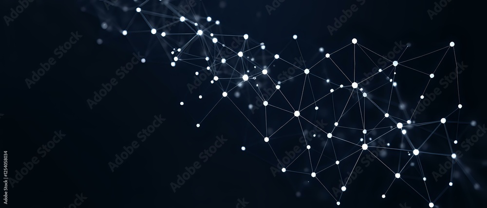 Poster abstract node network design: dynamic geometric patterns on dark blue background