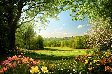 Peaceful garden with blooming flowers and bright skies for Spring Equinox