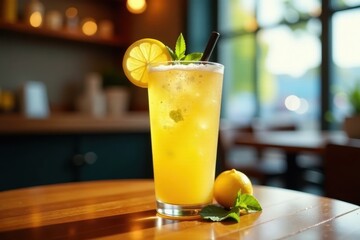 Refreshing lemon soda, garnished, exotic cafe, bright, citrus, lime
