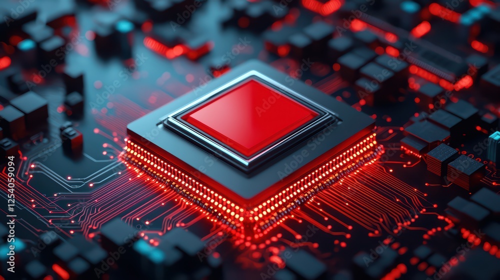 Poster close-up view of modern computer microchip on circuit board