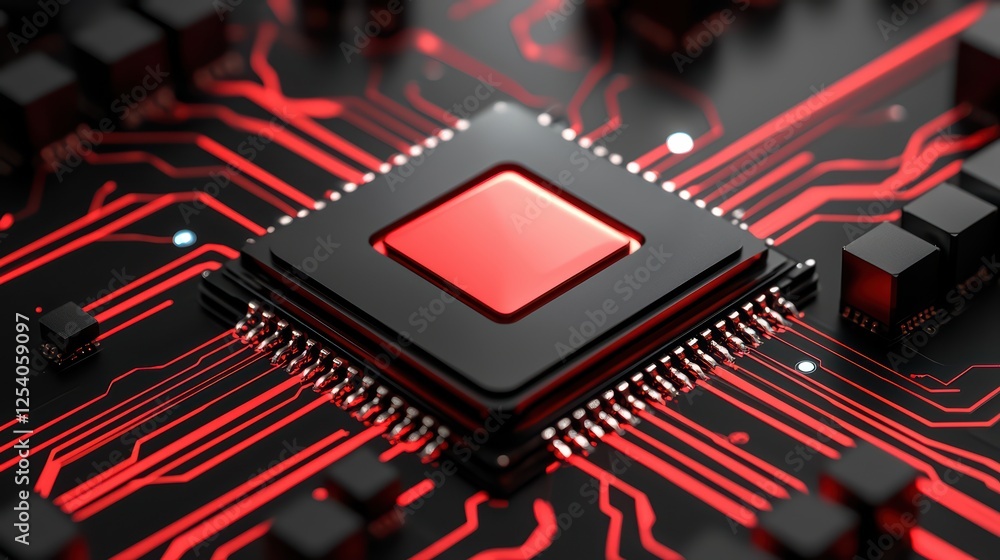 Poster close-up of a red and black computer chip on a circuit board