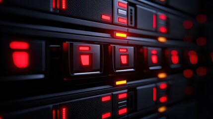 Close-Up of Dark Server Rack with Glowing Red and Orange Lights