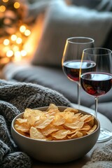 Cozy evening snack and wine a relaxing living room food photography experience