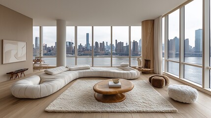 Modern apartment living room, NYC skyline view, luxury interior design, real estate