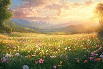 Fototapeta premium Open field with colorful wildflowers under Spring Equinox sunlight