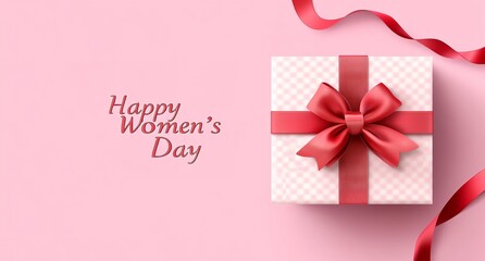 Elegant Women's Day Gift Box with Ribbon and Festive Text on a Pink Background, Holiday Card Design