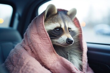 Cute raccoon wrapped in pink blanket inside car at night. Cozy animal portrait for World Animal Day, Wildlife Day, Pet Day
