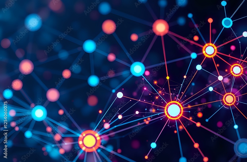 Poster abstract futuristic design | intricate blue & red line network overlapping | central orange circle p