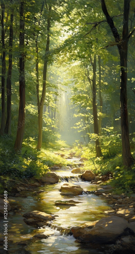 Poster sunlit stream flows through serene forest path