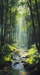 Naklejka premium Sunlit Forest Stream, Nature, Peaceful, Serenity, Green, Tranquility, Summer, Landscape, Background, Illustration