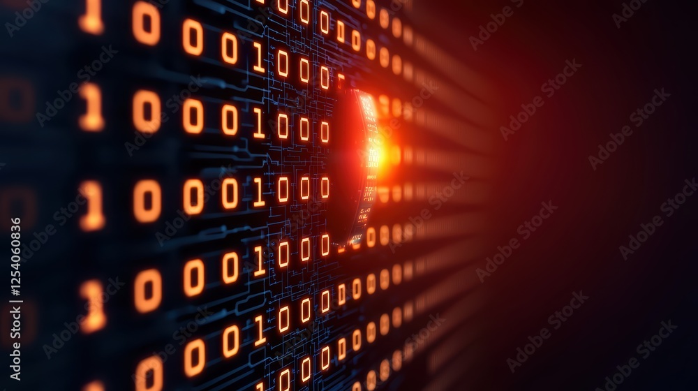 Poster binary code glowing in dark background with rays of light