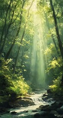 Obraz premium Sunlit forest stream, dappled light, nature, peaceful scene, illustration, background, fantasy, game design