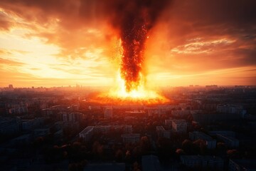 A catastrophic asteroid impact generates a massive explosion over a city, engulfing the area in flames and smoke during sunset