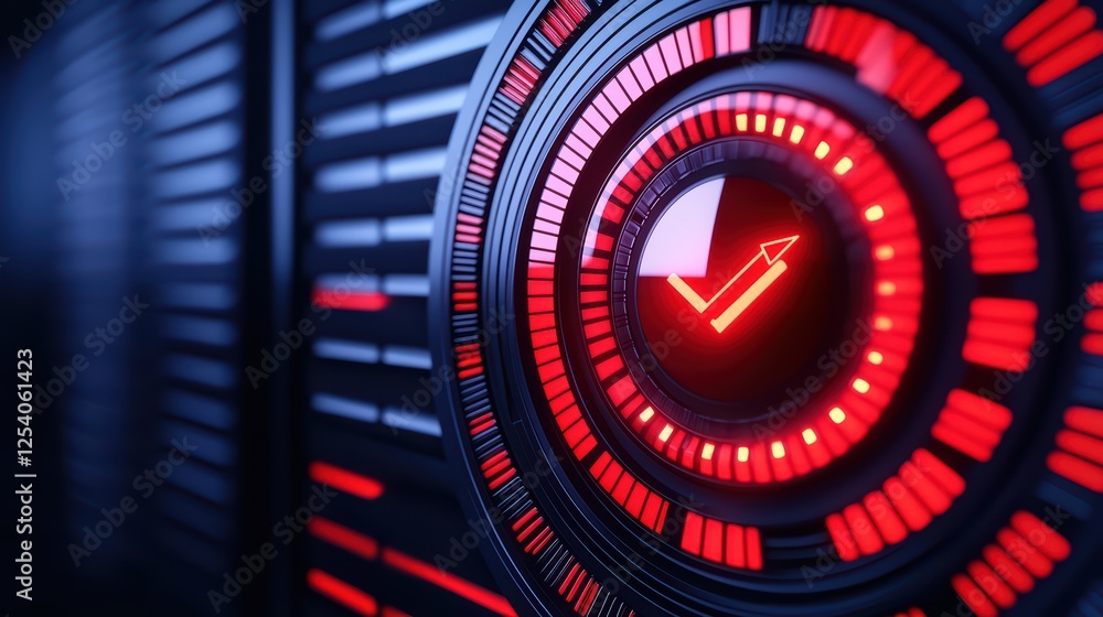 Poster futuristic red circular display with check mark and glowing elements