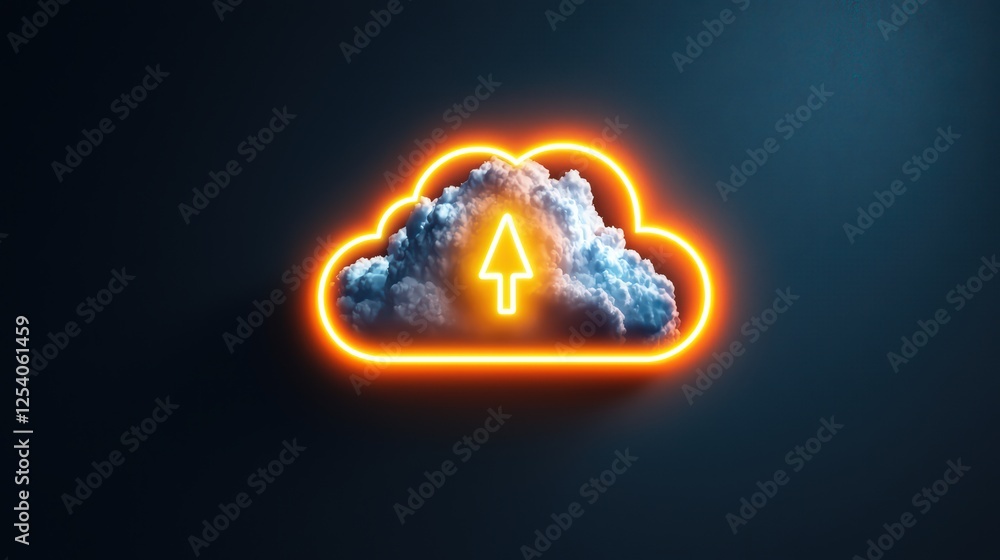 Poster cloud computing concept with upload arrow and neon light effect