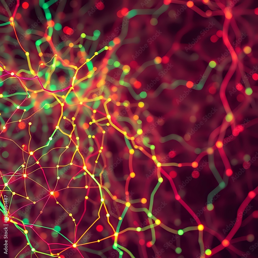 Poster Hyperrealistic Neural Circuitry Patterns on a Vibrant Neon-Lit Background with Abstract Interconnected Node Field