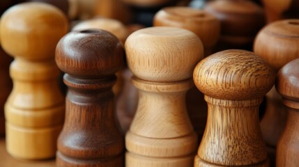 Wooden spice grinders arranged in a rustic setting