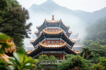 A stunning pagoda stands gracefully in the foreground, surrounded by lush greenery and enveloped in mist. Majestic mountains rise in the background