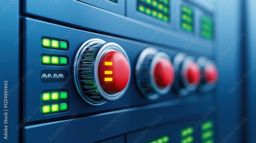 Poster close-up view of control panel with red buttons and green lights