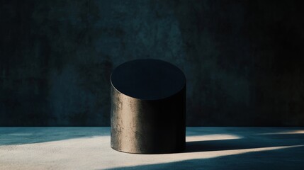 Minimalist black cylinder on textured surface with shadow