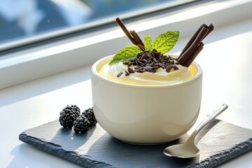 Delicious dessert presentation kitchen windowsill food photography warm lighting eye-level view smooth dairy blend on slate platter