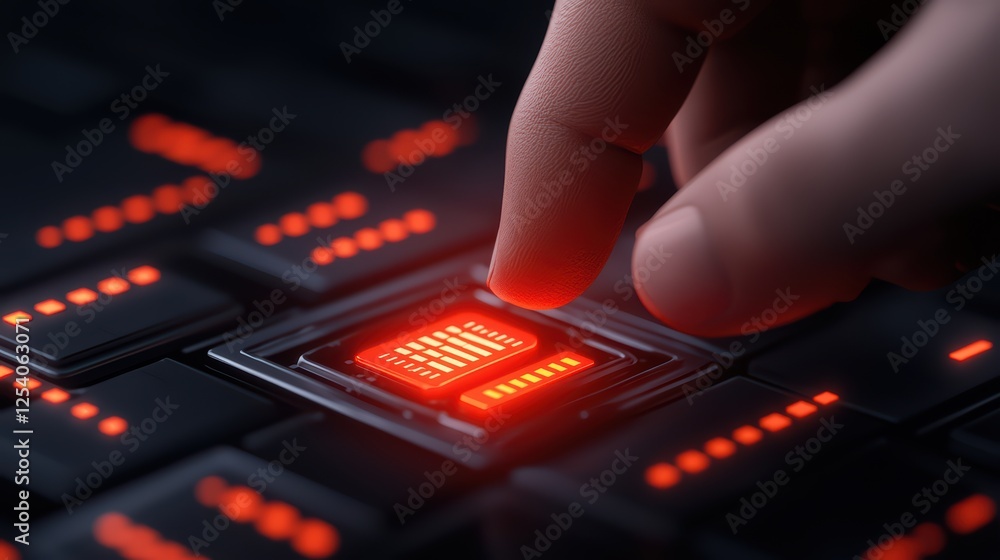 Poster finger pressing red light on high-tech computer keyboard interface