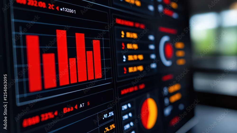 Poster red bar graphs and data visualization on modern digital screen