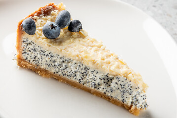 A delicious slice of creamy poppy seed cheesecake topped with fresh blueberries, presented on a white plate. Perfect for dessert lovers and culinary enthusiasts.