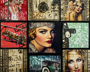 Vintage collage art featuring glamorous portraits and classic automobiles in an eclectic arrangement