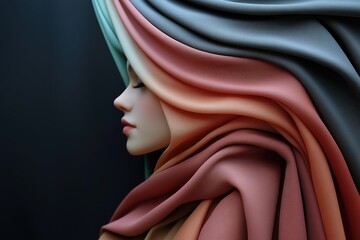 An abstract face emerges from a blend of soft colors and flowing textures, showcasing a futuristic design with a serene expression