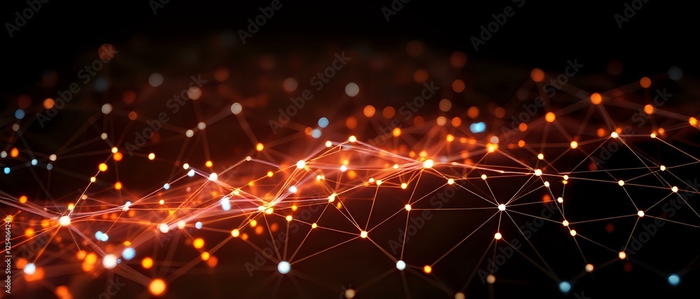 Poster abstract neural network digital art: glowing grid patterns on a dark background