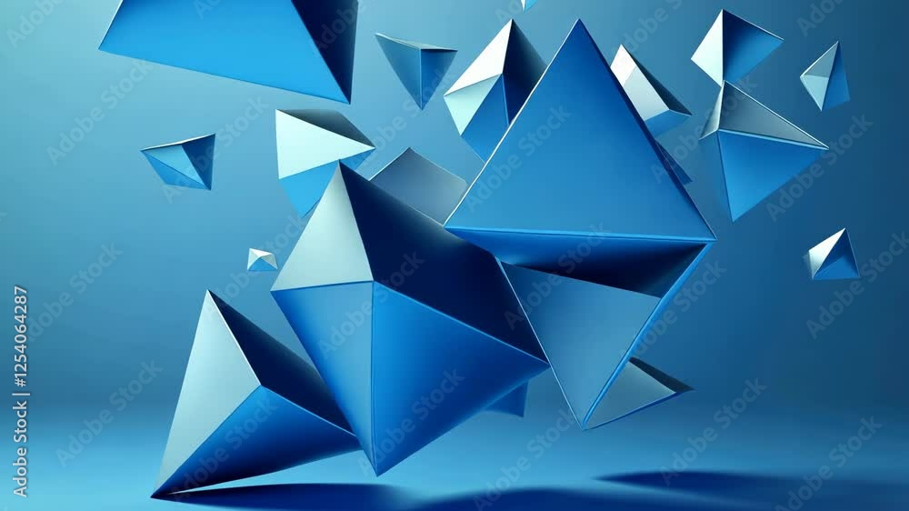 Poster dynamic blue shapes floating in a minimalist space exploration environment