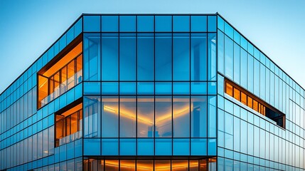 Modern glass office building at dusk; city skyline background; architectural design
