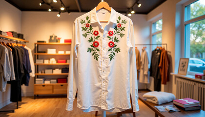 Embroidered minimalist shirt displayed in fashion boutique, style concept