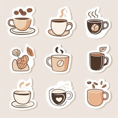 Obraz premium stickers showcasing a variety of coffee cups and coffee beans in a charming and minimalistic style. Generative AI