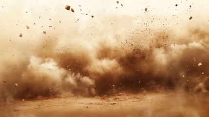 Obraz premium Vector backdrop of sandy explosion with smoke and dirt scattered everywhere. Brown sandstorm and dusty terrain, textured by wind. Flying particles and small stones are also visible.