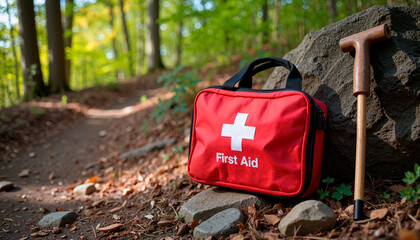 Compact first aid kit on hiking trail in remote woods, outdoor safety
