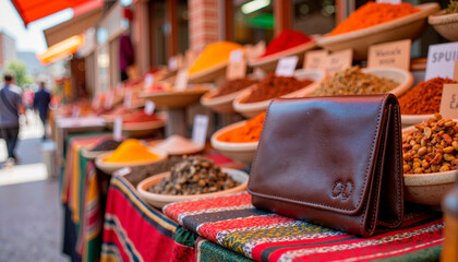 Elegant travel wallet displayed among vibrant spices at a market, travel essentials