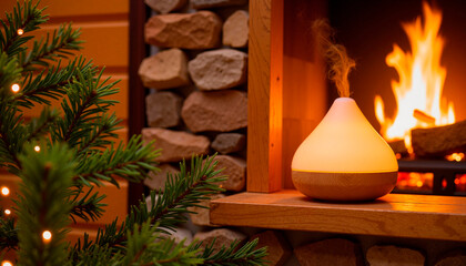 Cozy scent diffuser glowing near fireplace, winter warmth and relaxation