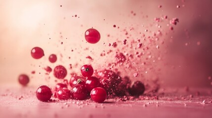Cranberries splashing in pink liquid