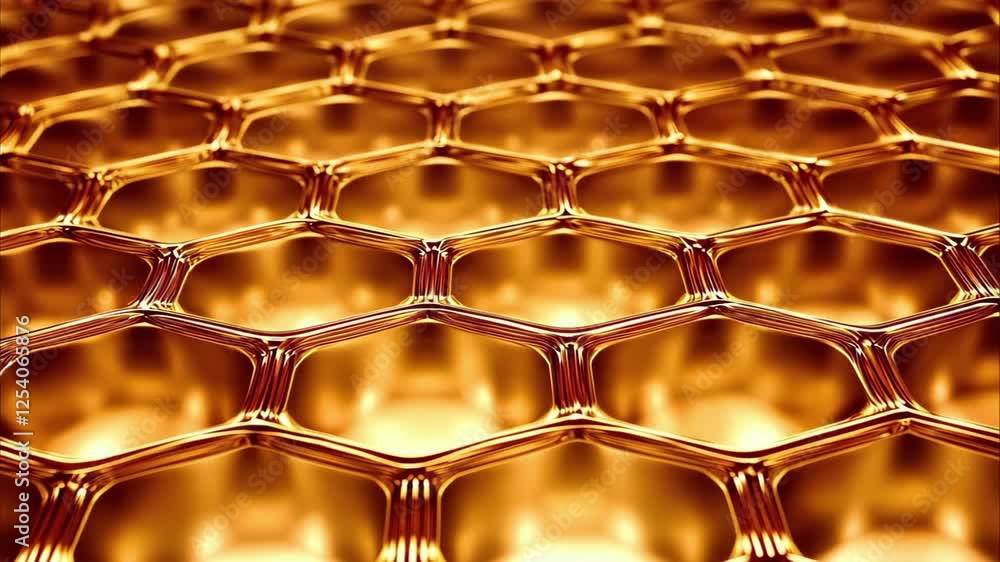 Poster a close-up view of a honeycomb structure with a metallic, golden appearance, showcasing hexagonal ce