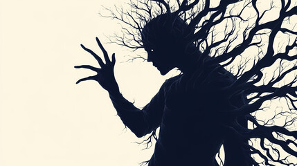 Eerie dark shadow figure with branches, evokes mystery and fear. Whispering Shadows. Illustration