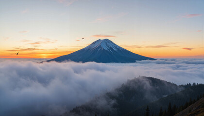 Fototapeta premium Misty mountaintop at dusk with soaring eagle, nature's tranquility