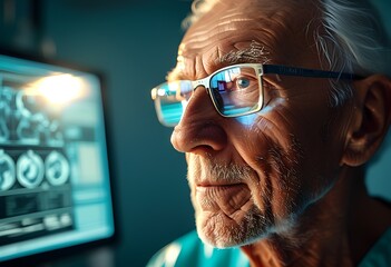 Older man focused on technology with digital elements reflecting in glasses in a modern environment