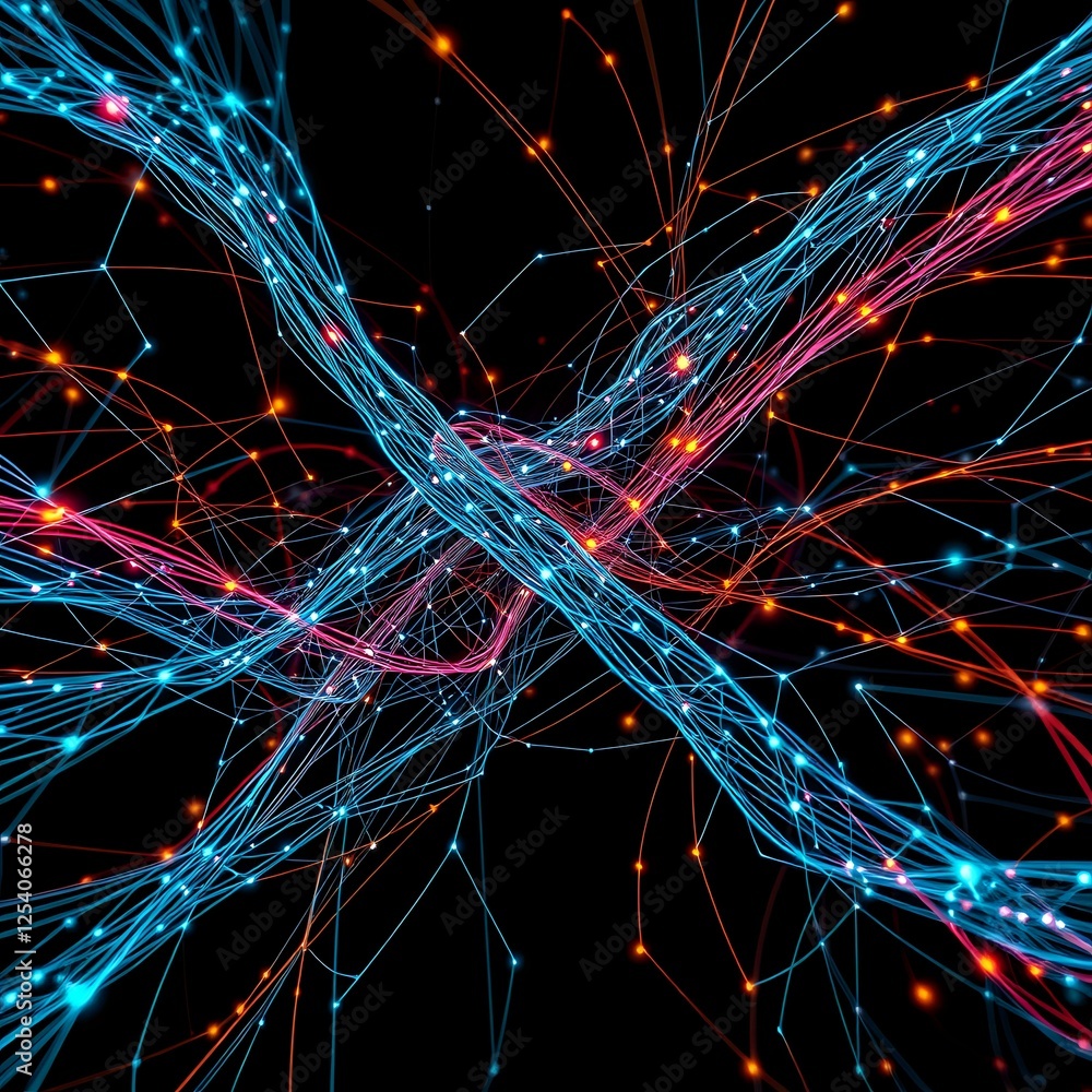 Poster neural net braids | abstract dynamic neural network with vibrant wires | modern futuristic design
