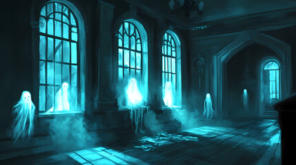 Haunted asylum with broken windows, dark corridors, and ghostly figures lurking, spooky, cool tones, atmospheric. Whispering Shadows. Illustration