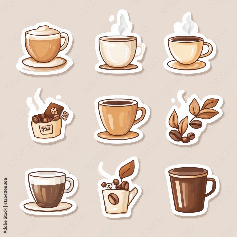Poster style stickers of coffee cups and beans suitable for various creative projects and coffee related th