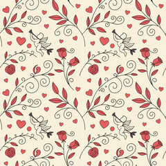 Ornate seamless pattern on valentine's day theme with cupid and hearts. Flat style. Vector illustration.