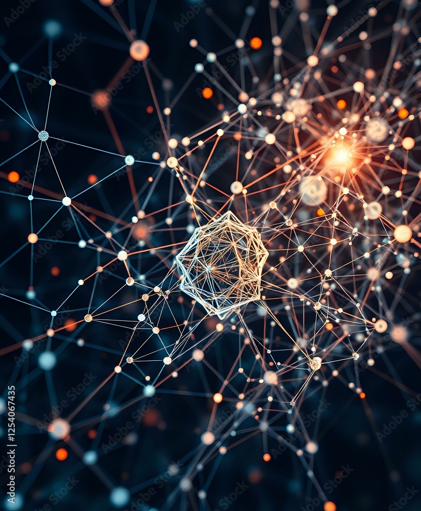 Poster abstract futuristic node design | intricate neural networks in bright orange over dark blue backgrou